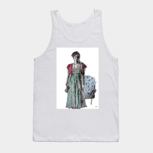 Glamorous Woman with a Red Rose in Evening Dress Watercolor and Ink Painting Tank Top